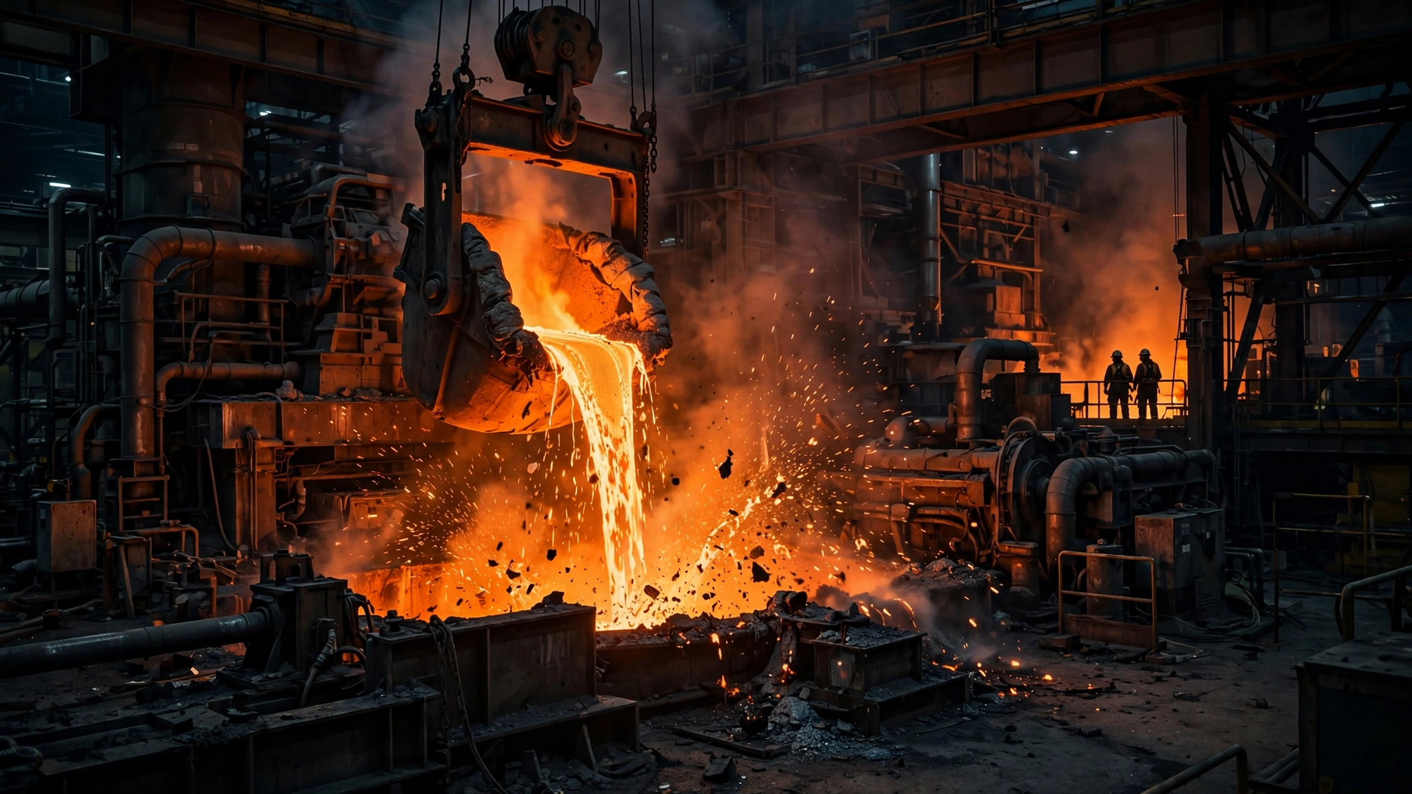 Molten steel being poured on a manufacturing plant floor