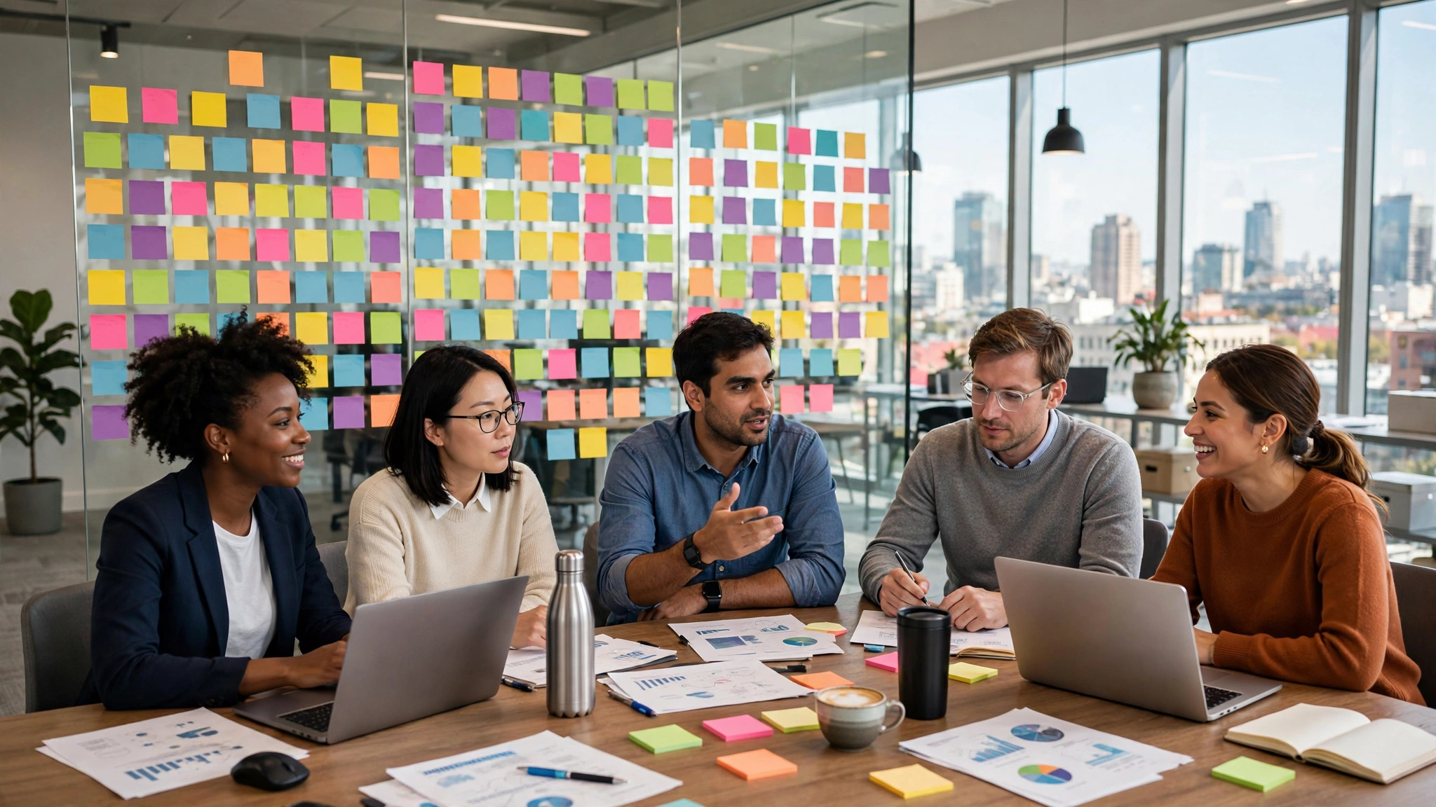 Innovation consulting team collaborating in a modern office