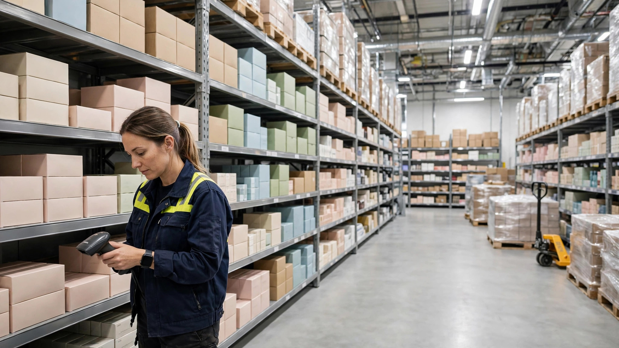 Warehouse worker scanning products in a modern distribution center