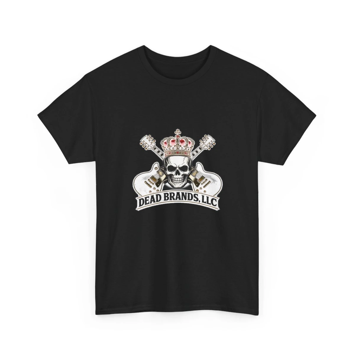 Dead Brands Logo Tee — black crew-neck shirt with the crowned skull and crossed guitars logo, studio product photo