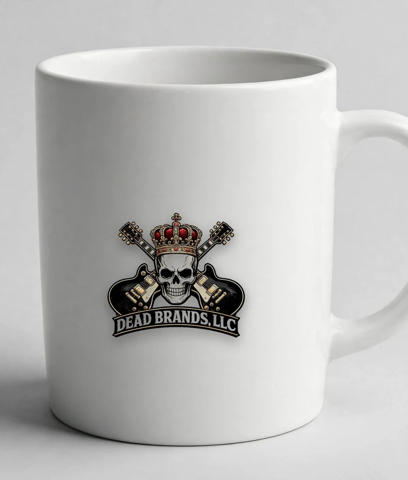 Dead Brands coffee mug — white ceramic mug with the official Dead Brands crowned skull logo