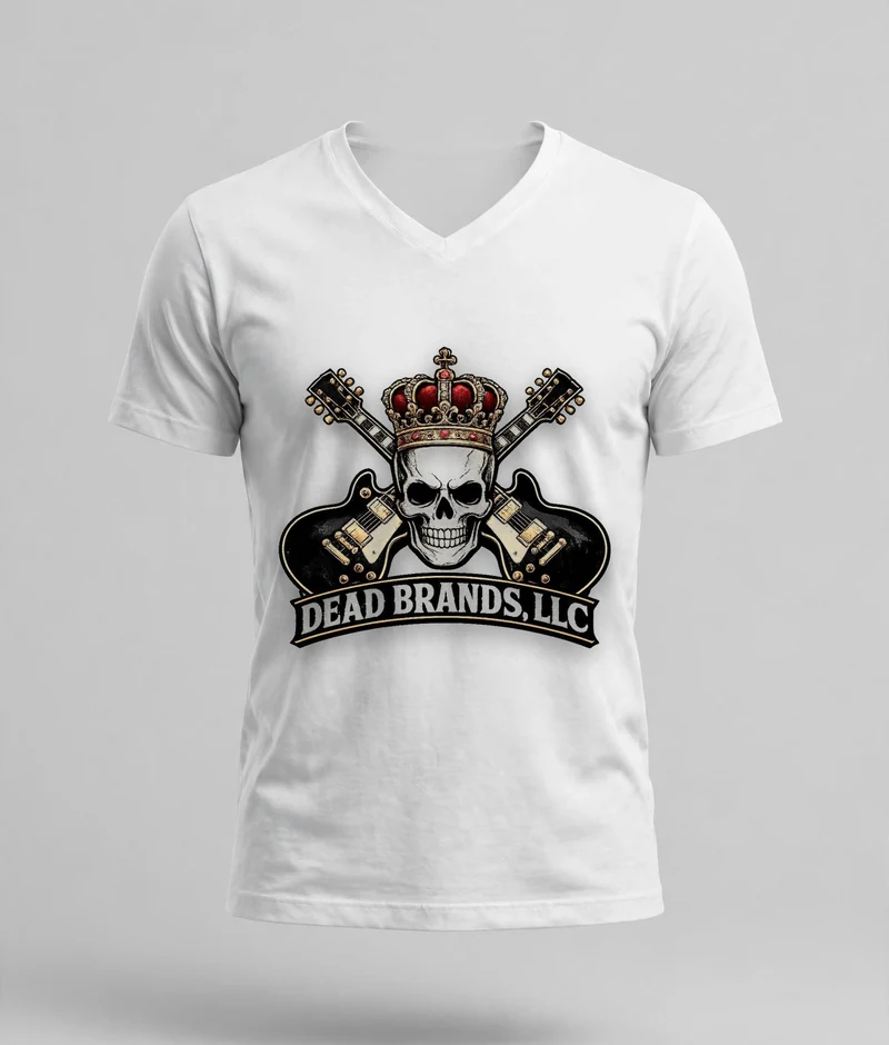 Dead Brands white v-neck — white v-neck shirt with the official Dead Brands crowned skull logo