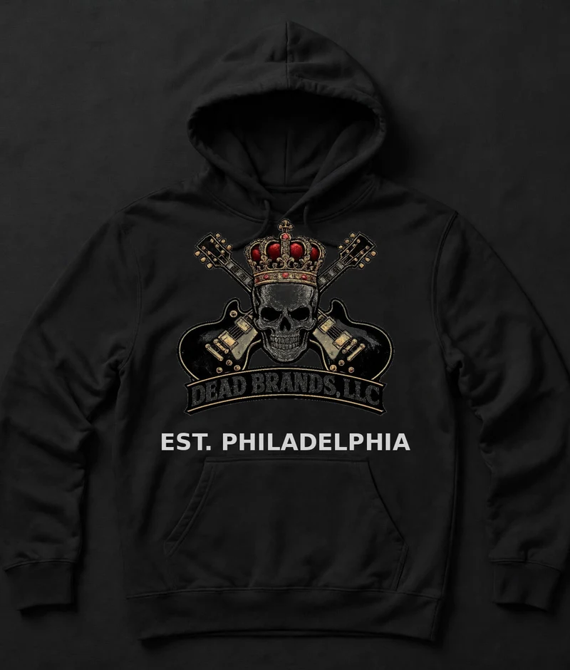 Philly Dead Brands hoodie — black hoodie with the official Dead Brands crowned skull logo and EST. PHILADELPHIA