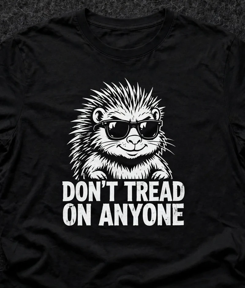 Don't Tread on Anyone tee — black shirt with a cool porcupine in sunglasses