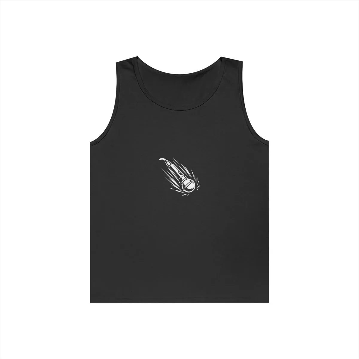 Mic Drop Tank — black tank with a falling vintage microphone graphic