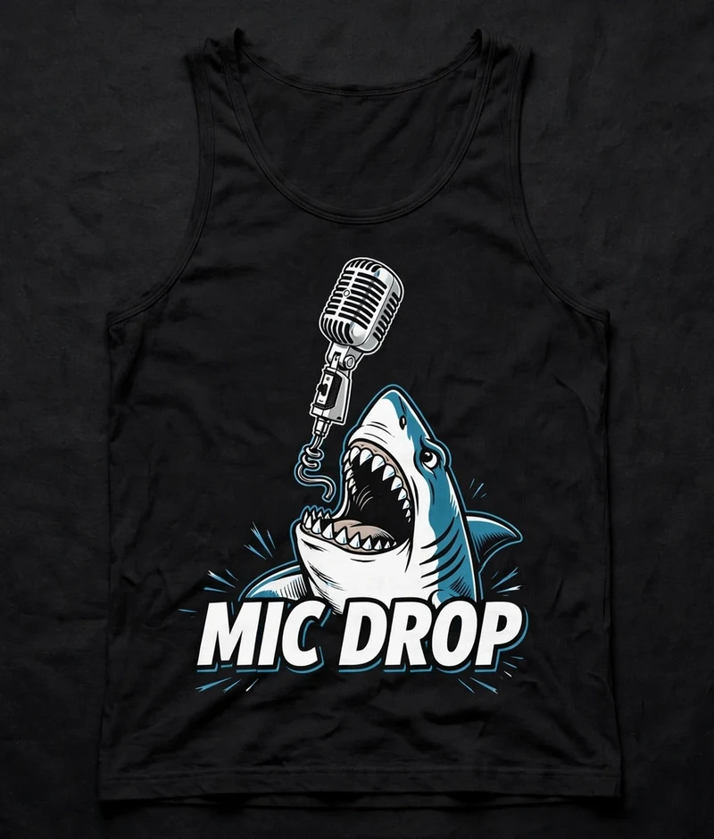 Mic Drop tank — black tank with a vintage microphone dropping into shark jaws