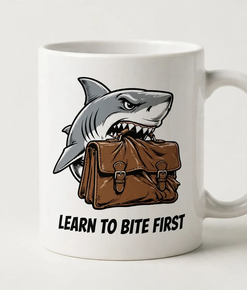 Learn to Bite First mug — white ceramic mug with a cartoon shark biting a briefcase