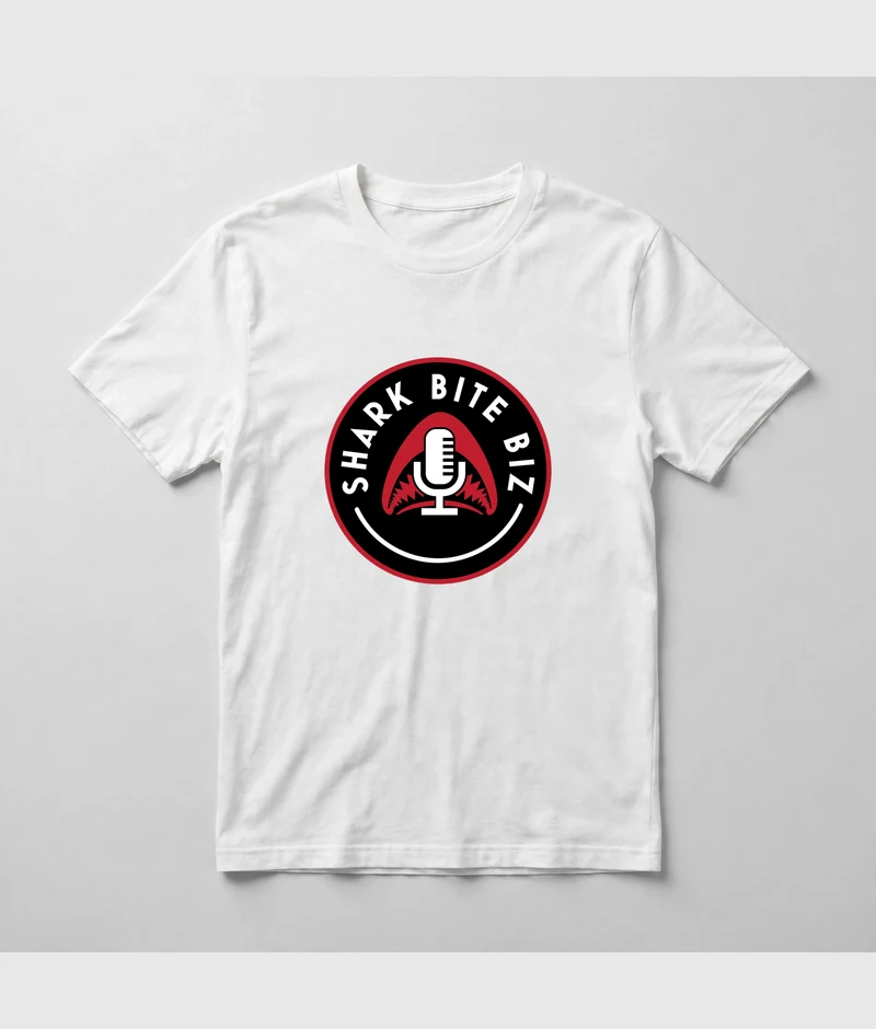 Shark Bite Biz white tee — white crew-neck shirt with the official Shark Bite Biz logo