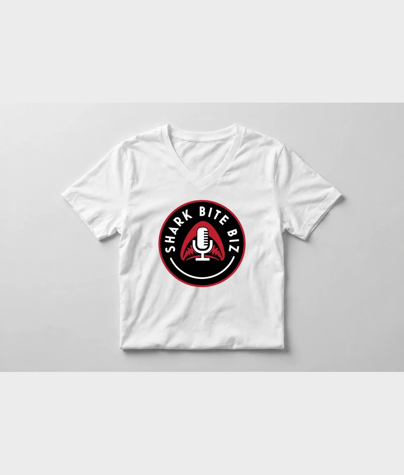 Shark Bite Biz white v-neck — white v-neck shirt with the official Shark Bite Biz logo