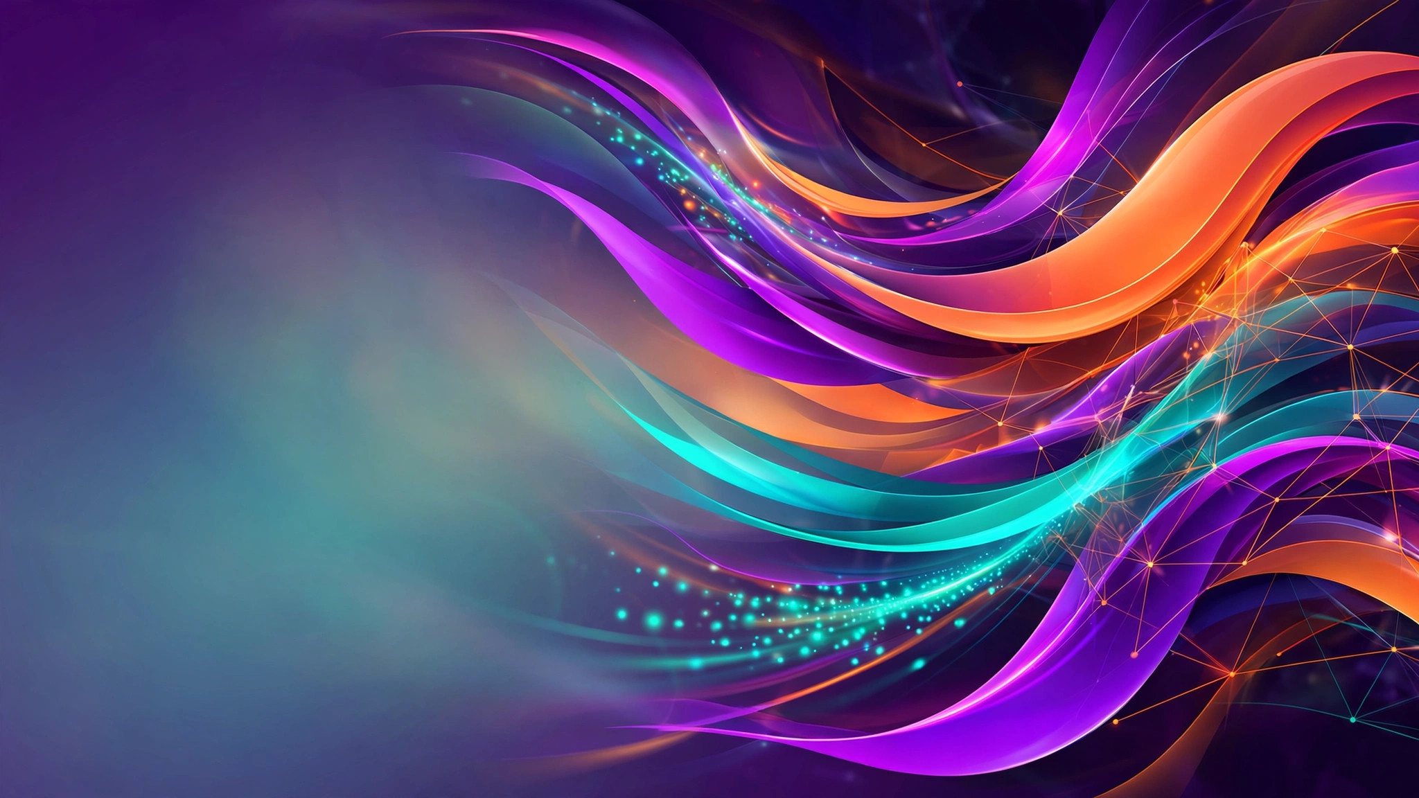 Vibrant abstract banner — flowing ribbons of purple, magenta, orange and teal suggesting momentum and growth