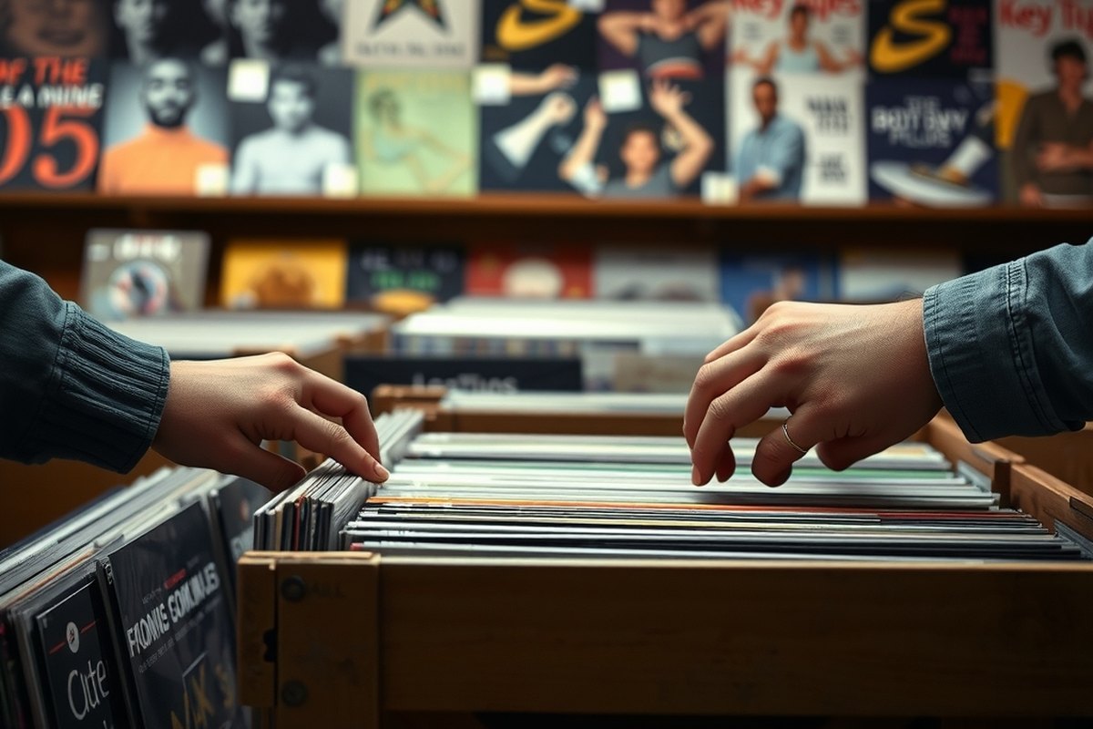 Hands flipping through a crate of vinyl records at a record store