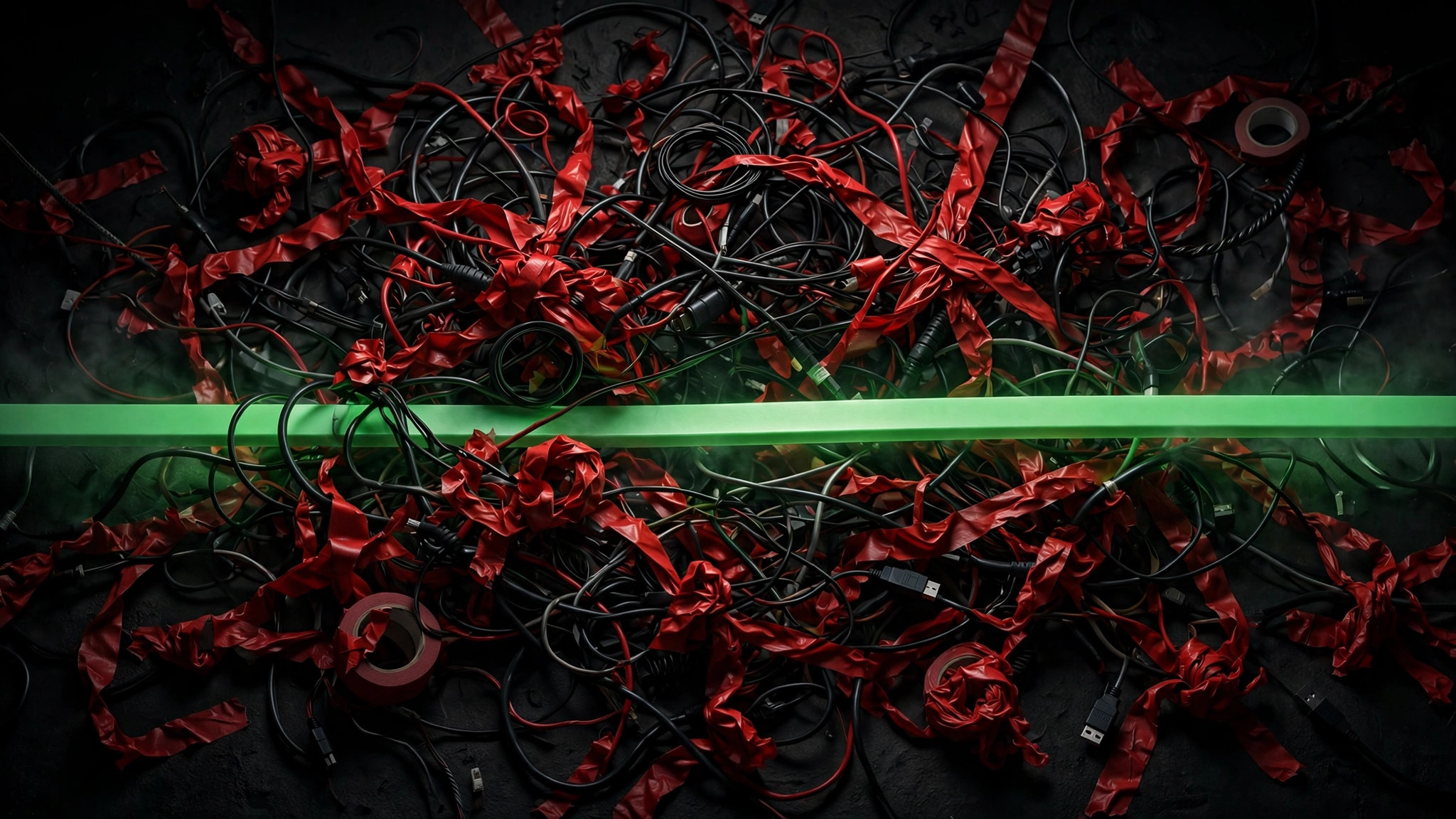 Tangled red tape and knotted cables, with one clean green cable cutting a straight line through the chaos