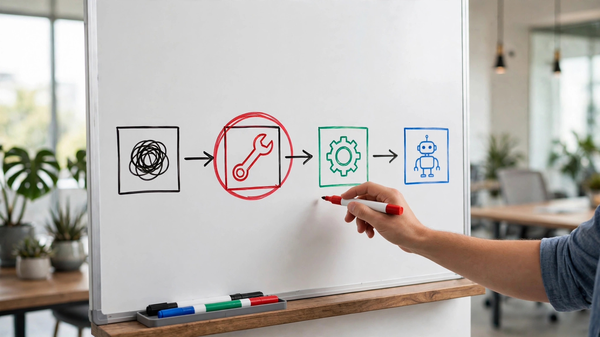 Whiteboard diagram flowing from a tangled scribble to a wrench fix, a smooth gear process, and only then an AI robot