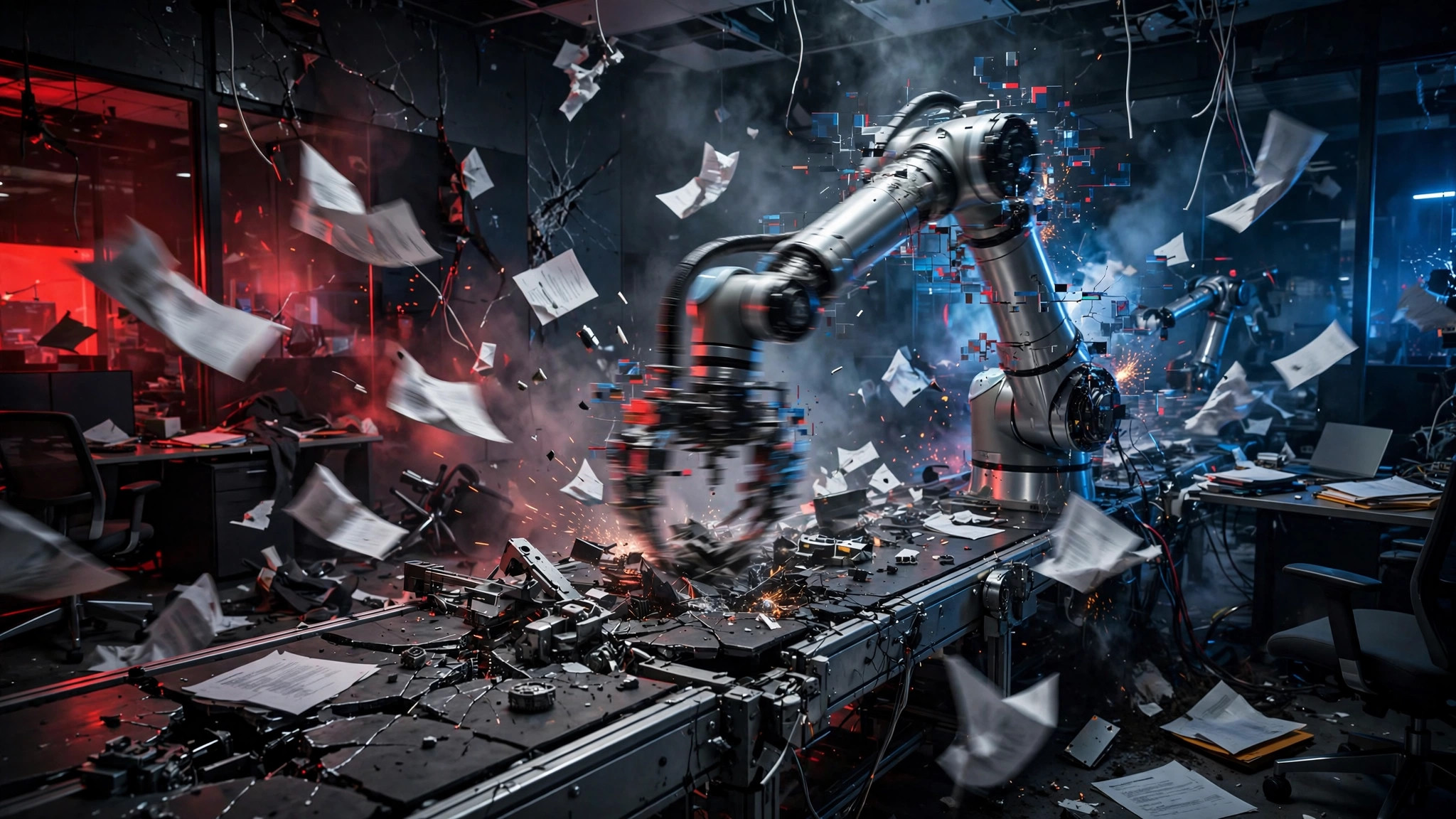 Industrial robot arm smashing through an office workstation, papers and sparks flying — AI automating a broken process at full speed
