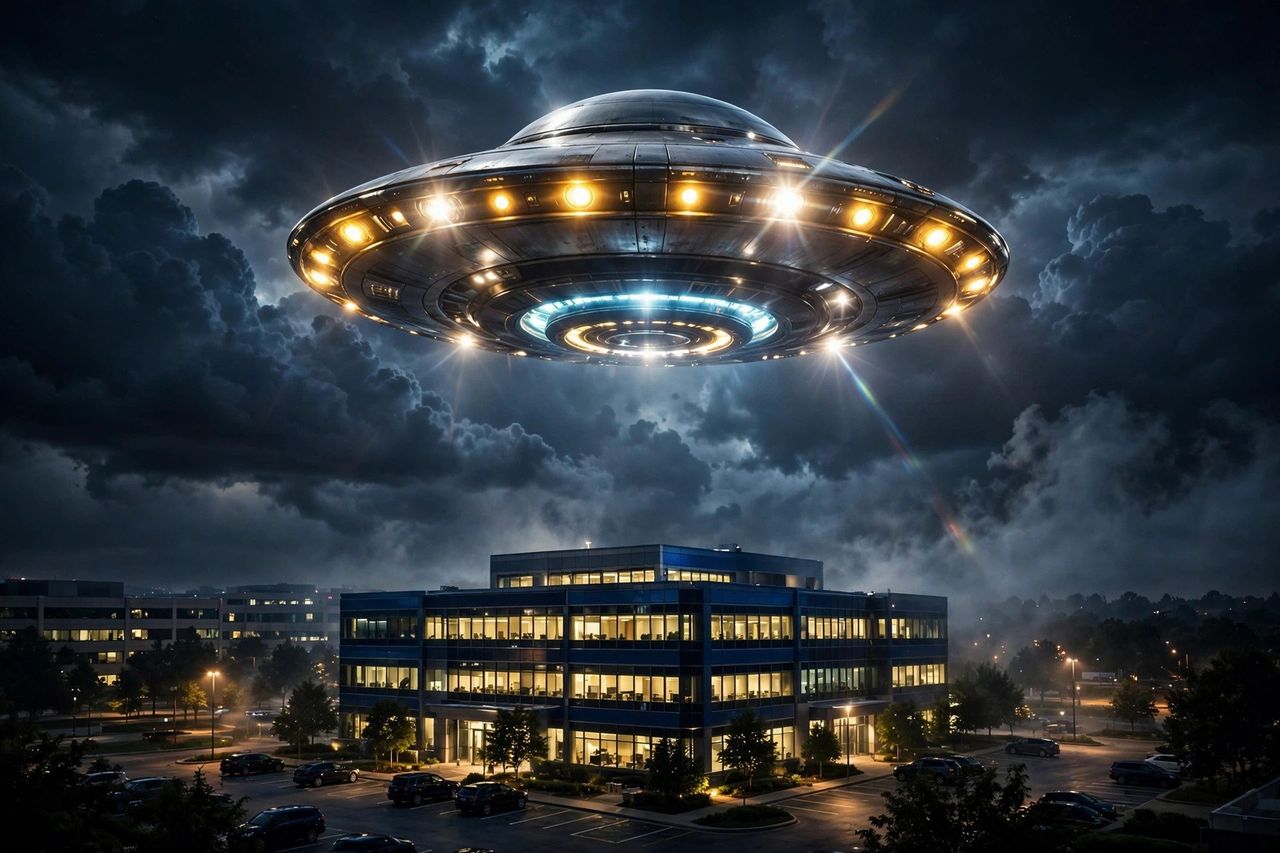 A UFO hovering over a corporate office building at night