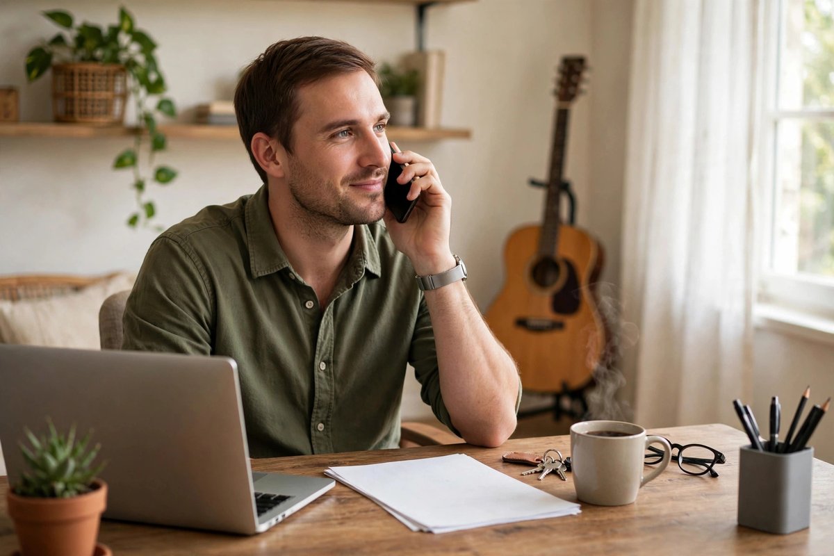 A consultant listens intently on a sales call at his home office desk with a guitar resting nearby.