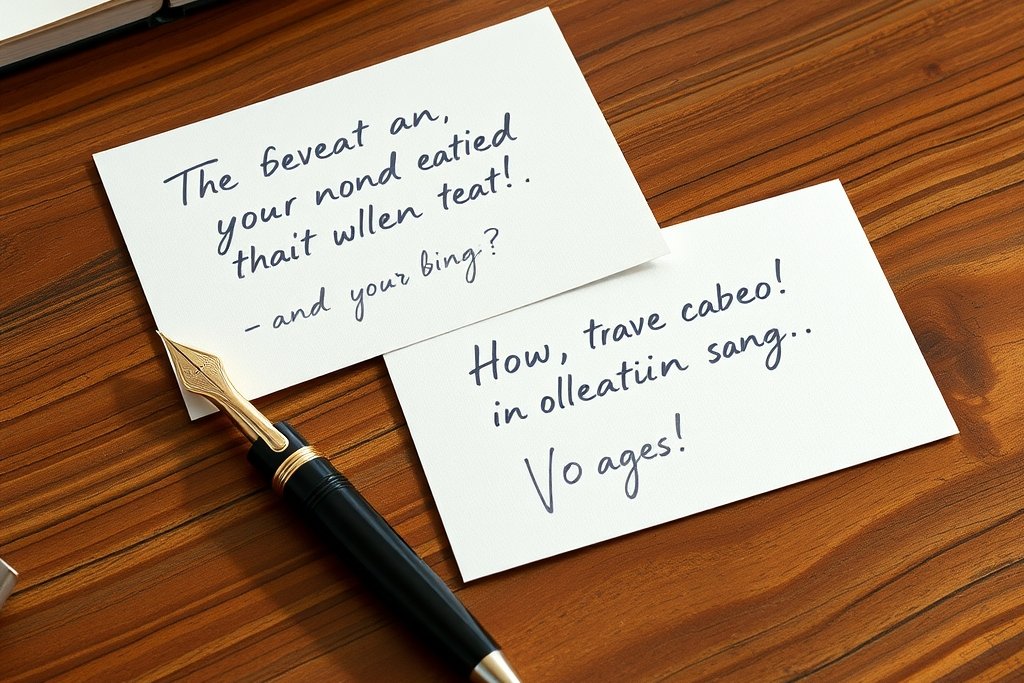 Handwritten note cards and a fountain pen on a wooden desk