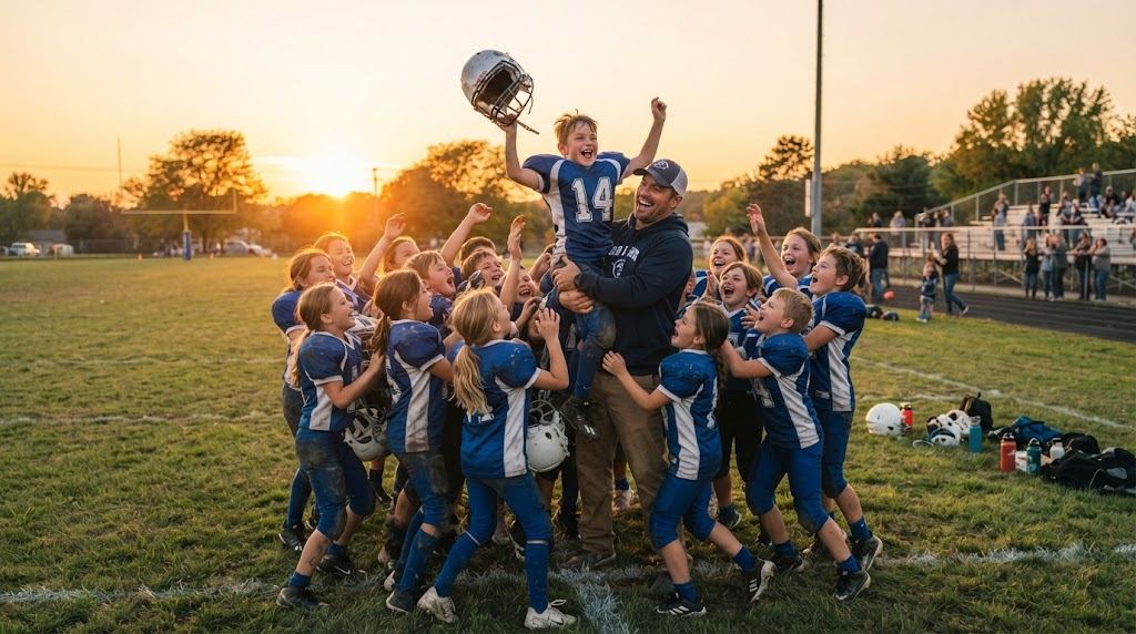 Youth football team celebrating together at sunset, coach lifting a small player