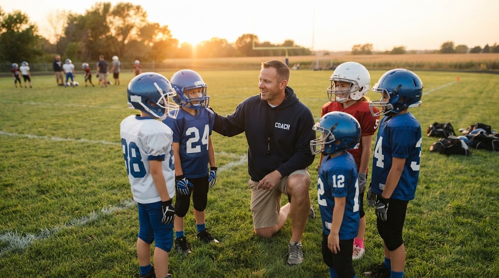 Youth football coach kneeling and talking with young players in helmets on the field at golden hour