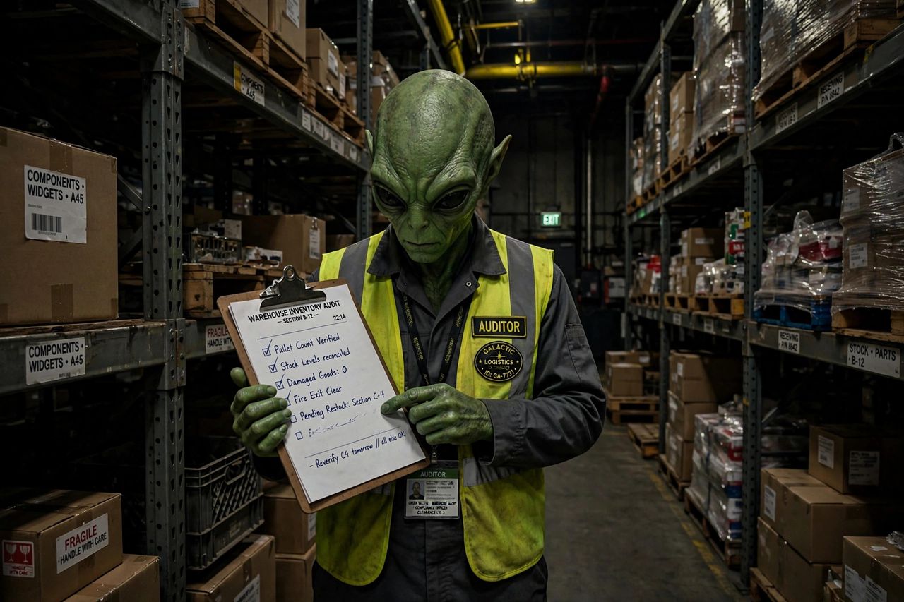 An alien warehouse auditor checking an inventory count clipboard in a stock aisle