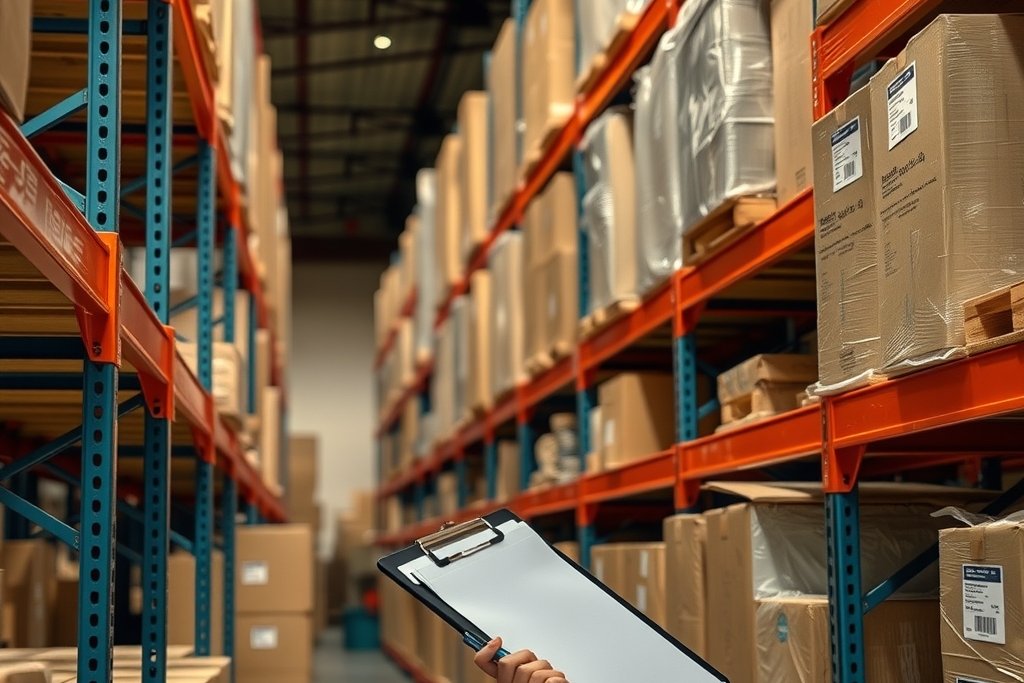 Clipboard and boxes on warehouse shelving
