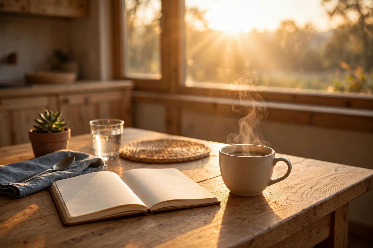 Sunrise over a kitchen table with coffee and an open notebook
