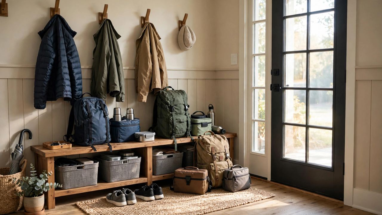 Organized entryway with packed bags ready by the door