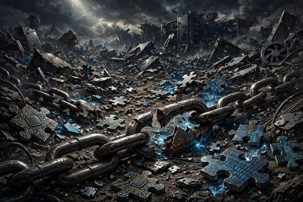 Broken chain links with scattered puzzle pieces representing a data disaster