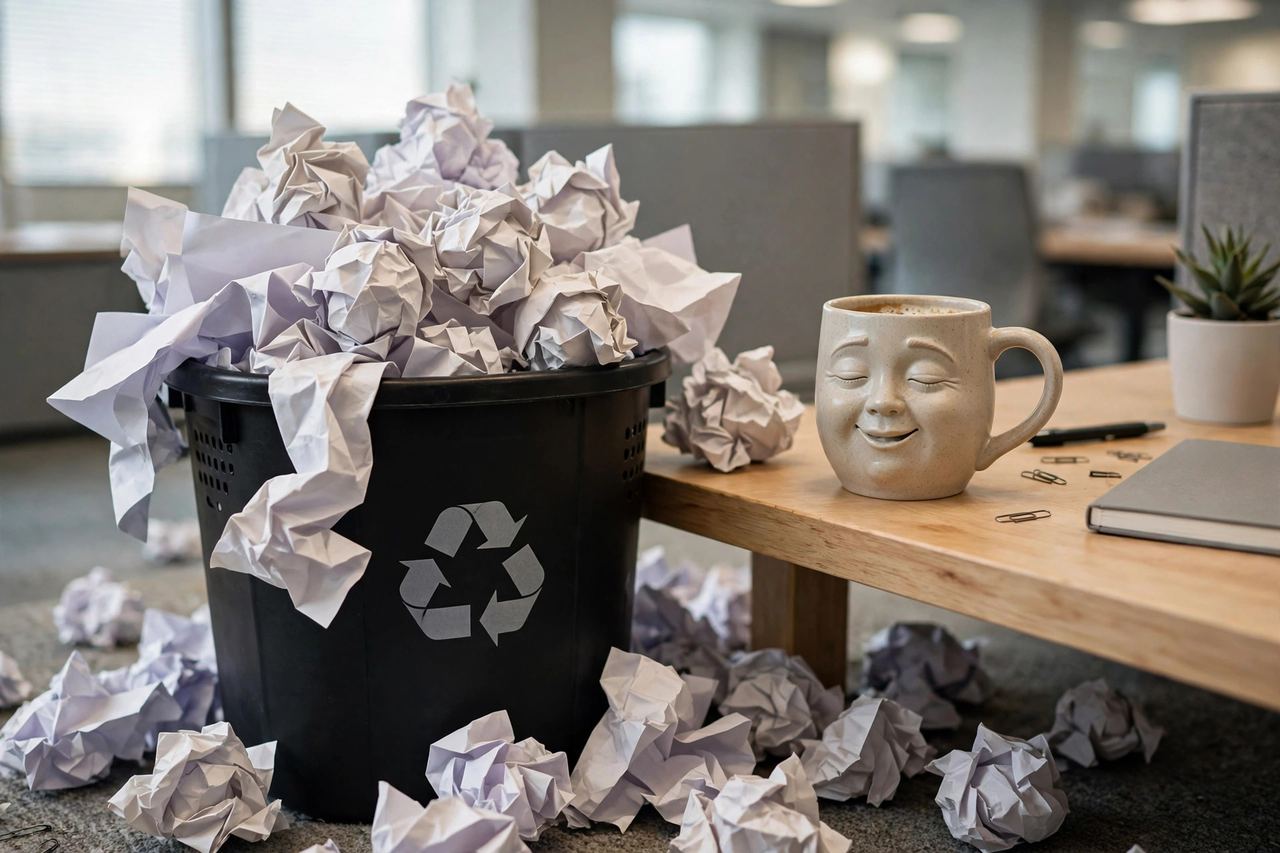 Recycling bin overflowing with crumpled paper beside a smiley-face coffee mug on a desk