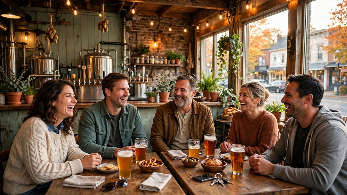 Neighbors gather and laugh at wooden tables inside a cozy small-town brewery on a relaxed Sunday afternoon in the fall.