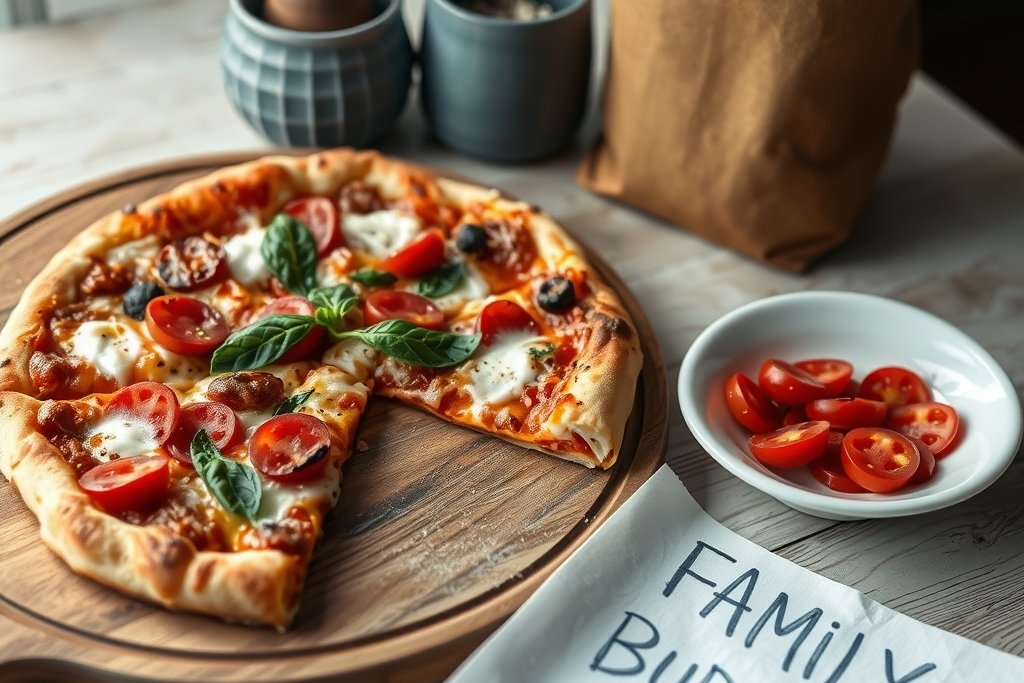 Homemade pizza on a wooden board with a handwritten family budget note nearby