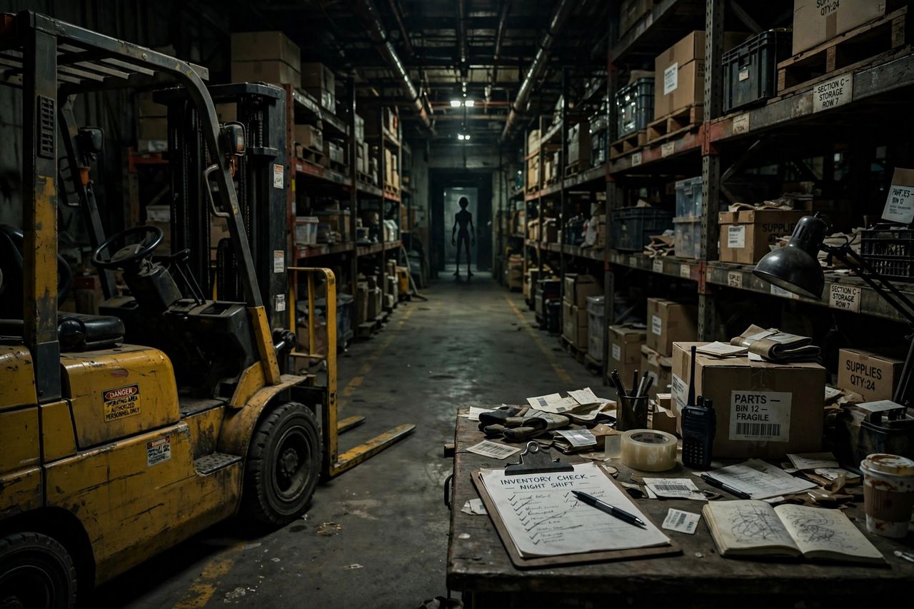 Alien silhouette standing at the end of a dim warehouse corridor with a forklift and inventory desk in the foreground