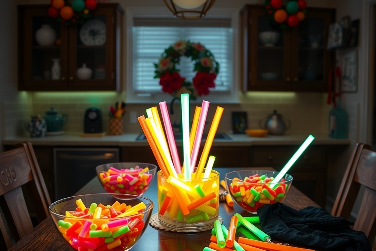 Kitchen table laid out with candy bowls, glow sticks and costume pieces