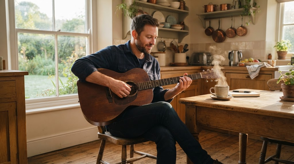 Man playing an acoustic guitar in a sunlit kitchen in the morning with a steaming cup of coffee nearby
