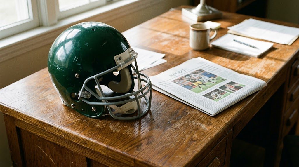 A green football helmet resting on a wooden desk beside the Monday sports page