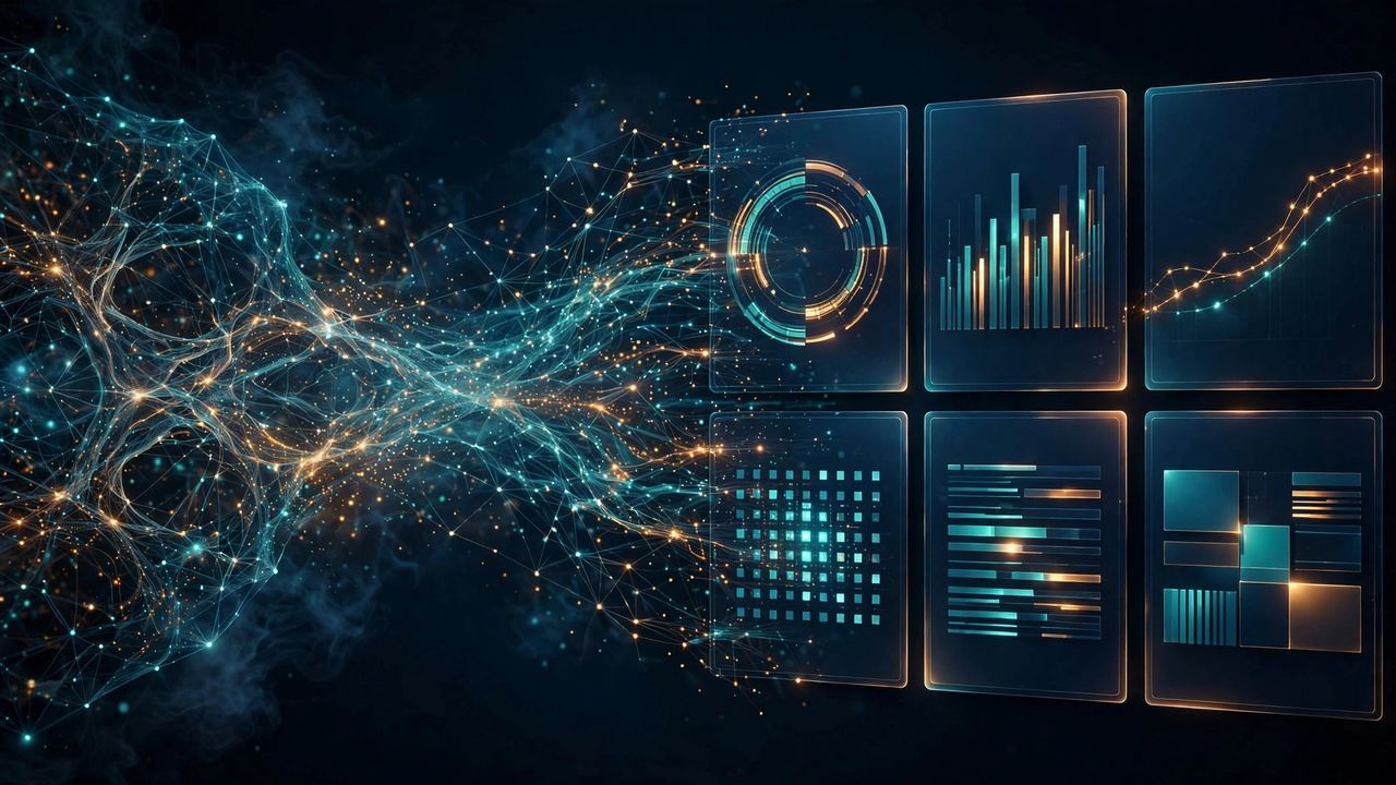 Glowing neural-network mesh of light flowing into structured ERP dashboard panels, navy and teal with amber accents
