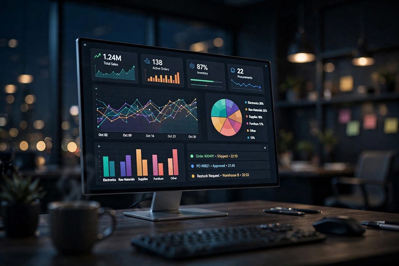 Modern ERP dashboard glowing on a monitor in a dark office