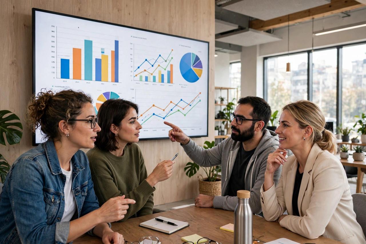 Business team reviewing analytics on a wall screen in a bright office