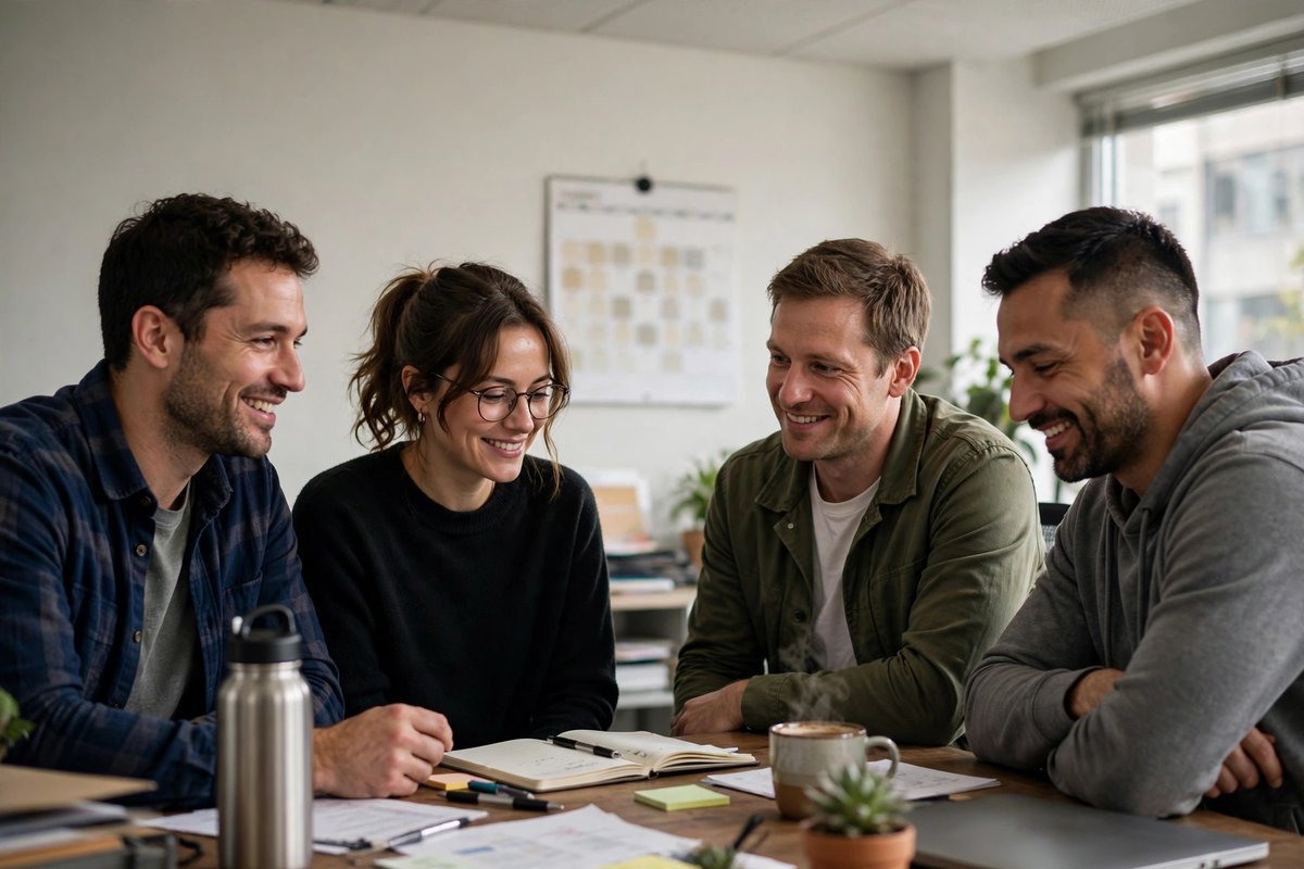 A small office team in a relaxed morning huddle around a desk with a simple wall calendar behind them.