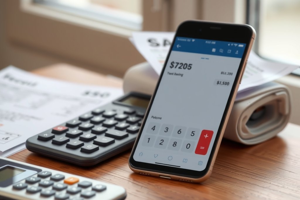 Smartphone banking app beside a calculator and receipts