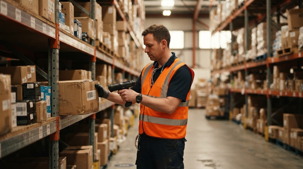Warehouse worker scanning a barcode on a cardboard box with a handheld scanner in a warehouse aisle