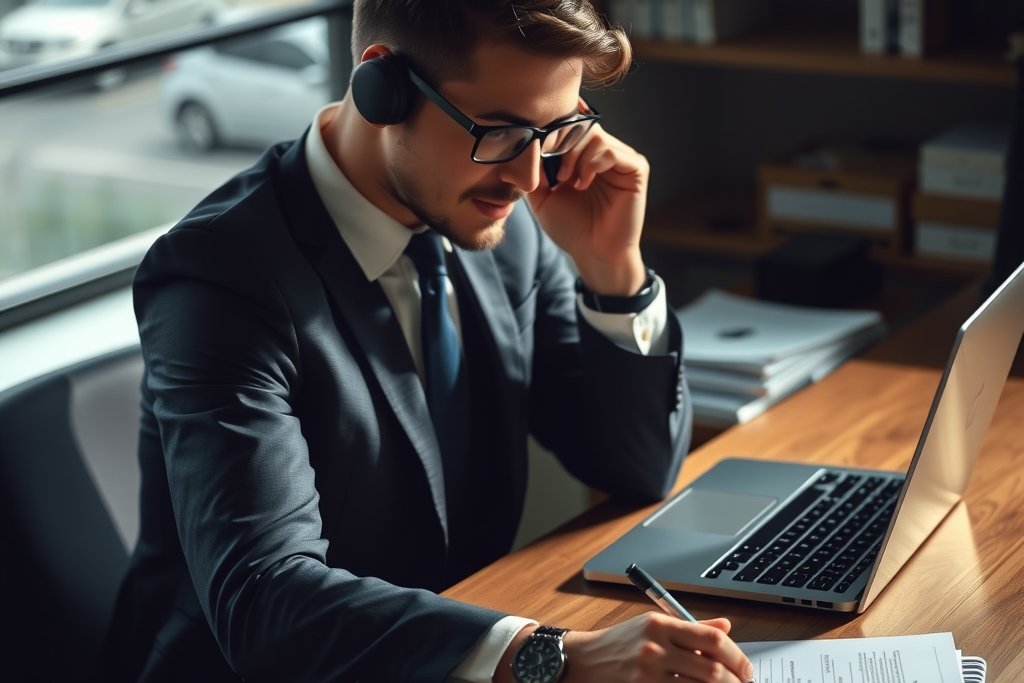Salesperson on phone at desk with laptop