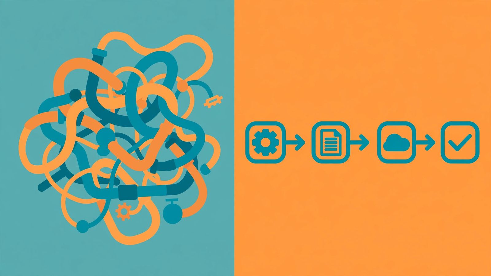 Illustration: split visual, tangled messy pipeline stages left, clean straight four-step path right