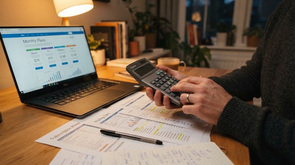 Hands holding a calculator over pricing sheets and subscription plan pages