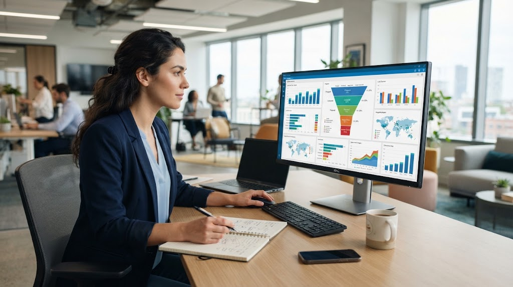 Salesperson reviewing a CRM dashboard with charts on a computer monitor at a modern desk