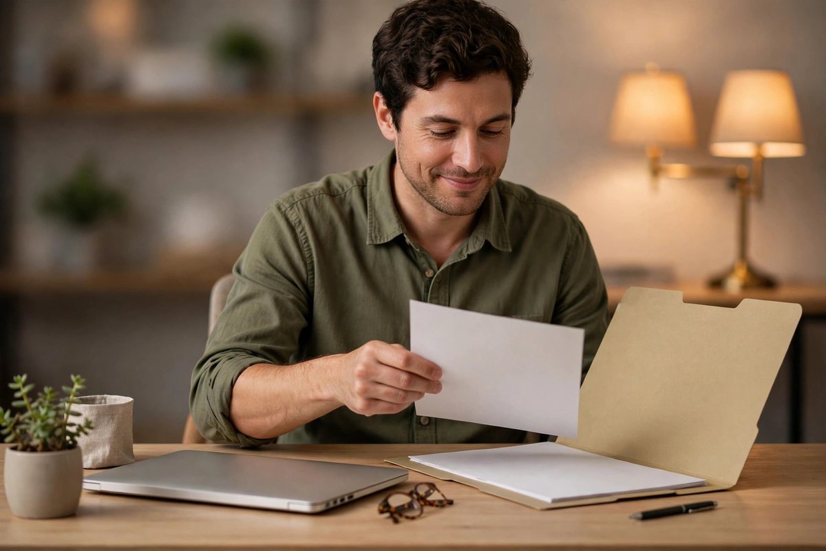 A tidy desk with one neat folder and a laptop while a worker calmly files a single document.