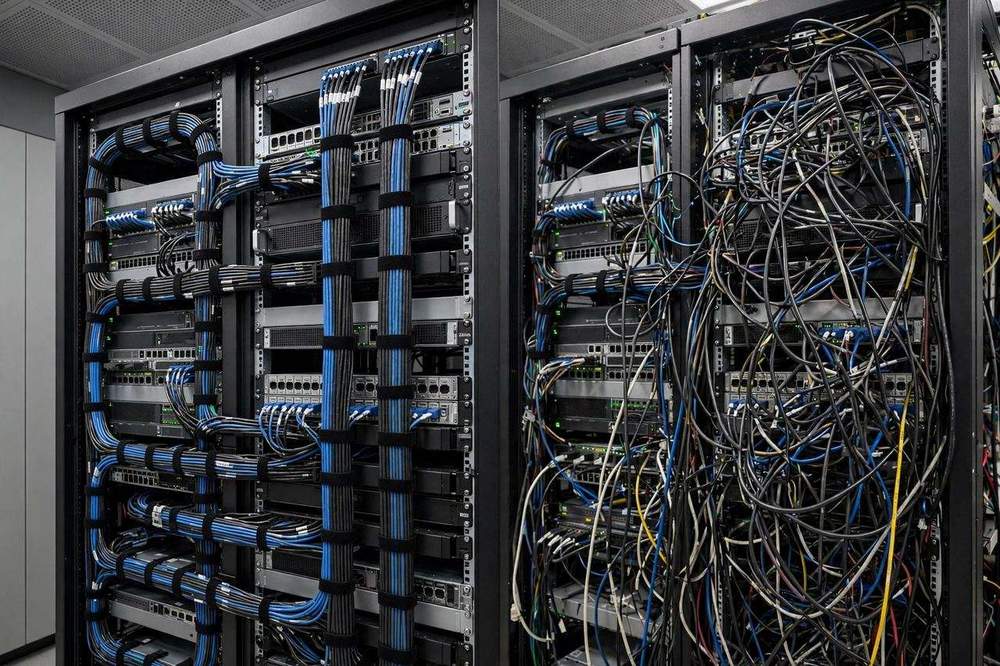 Split image of tidy versus tangled server cables