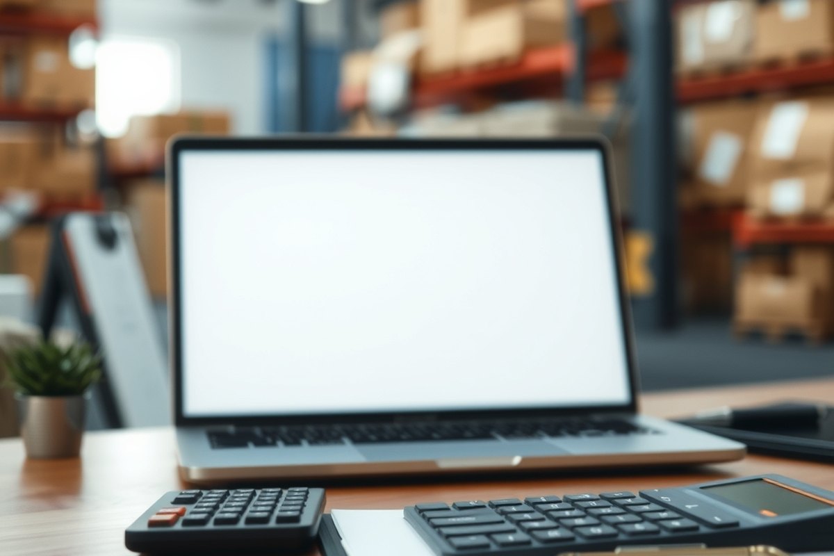 Laptop and calculators on a desk in a small warehouse office