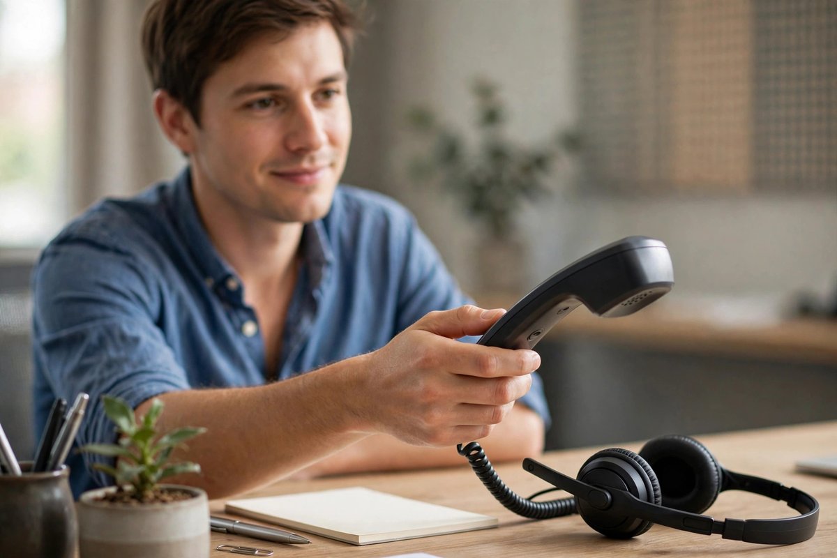 A support employee calmly switches a chat conversation to a phone call so the customer never repeats their story.