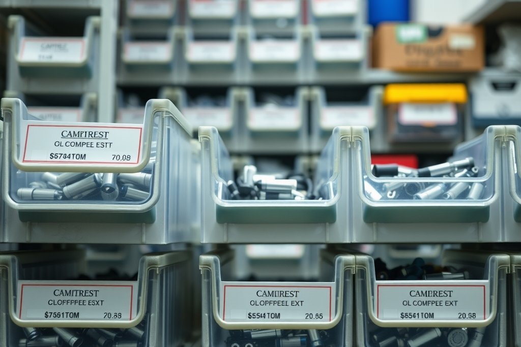 Close-up of labeled component bins in a small manufacturing workshop